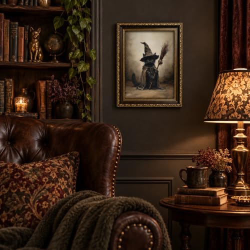 Witch Cat Framed Canvas Wall Art - Halloween Gothic Black Cat Decor 16x12in