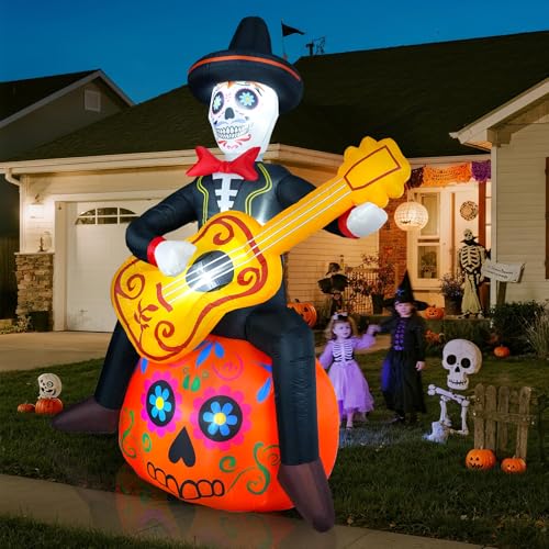 Halloween Inflatable Decoration 6 FT Spooky Sugar Skull Guitar Pumpkin with LED Lights - Day of The Dead Yard Decor