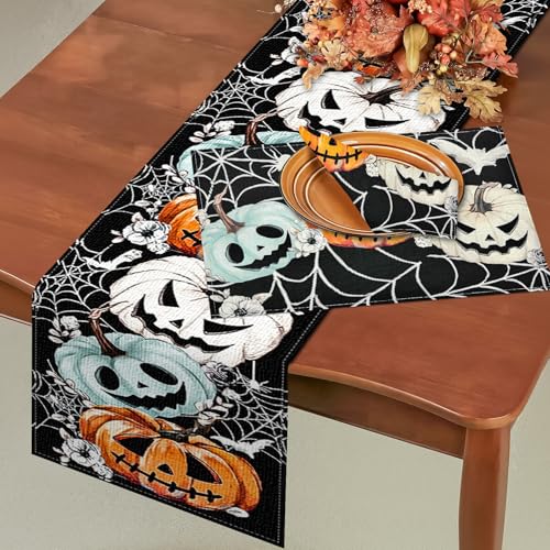 Halloween Table Runner 13x108 Inch Spooky Pumpkins & Web Decor - Black Variation of THIS Listing