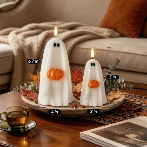 Halloween Ghost Flameless Candles with Remote Control - Real Wax, Timer, Safe Decor