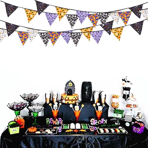 Halloween Pennant Banner Garland - 32Ft Fabric Triangle Flags for Party Decor - Black Orange Purple