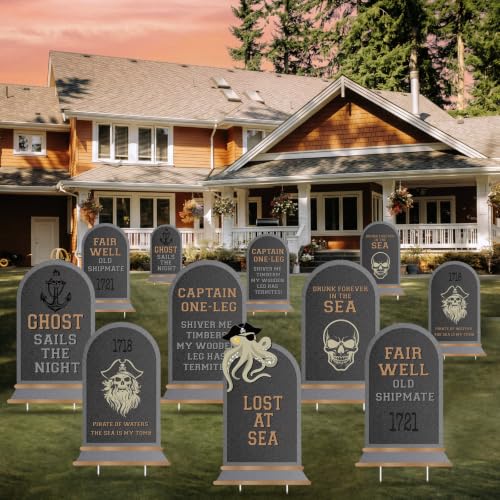 Pirate Halloween Tombstone Decorations Set - Outdoor Graveyard Props, 11 Piece