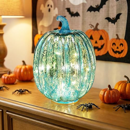 Mercury Glass Pumpkin Lights with Timer - Blue Fall Decor for Home