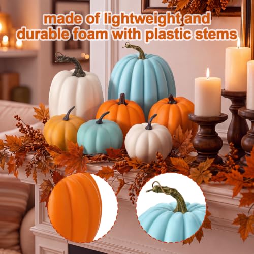 7 Pcs Faux Teal Blue Pumpkin Decor - Artificial Fall Pumpkins for Home & Table Centerpieces