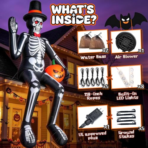 14FT Halloween Inflatable Sitting Skeleton with Pumpkin - Outdoor Yard Decor