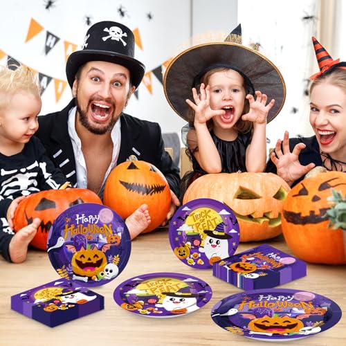 Halloween Party Plates and Napkins Set - Orange05, 150 Pcs Halloween Dinnerware for Up to 50 Guests