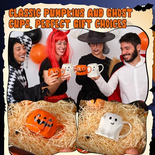 Halloween Pumpkin & Ghost Ceramic Mug Set - 4 Pcs, 14oz Holiday Coffee Cups - Variation 4