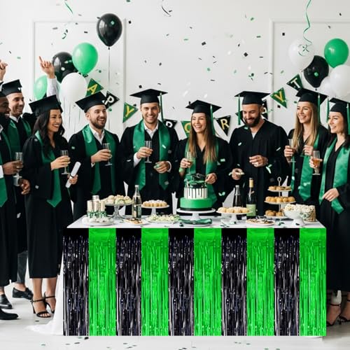Black Green Metallic Foil Fringe Table Skirts 2 Pack Party Decorations for Graduation Baby Shower Halloween