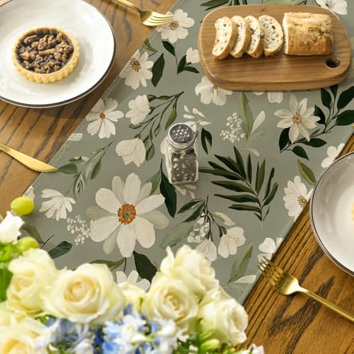 Olive Green Daisy Flowers Table Runner - 13x108 Inch Seasonal Kitchen Decor