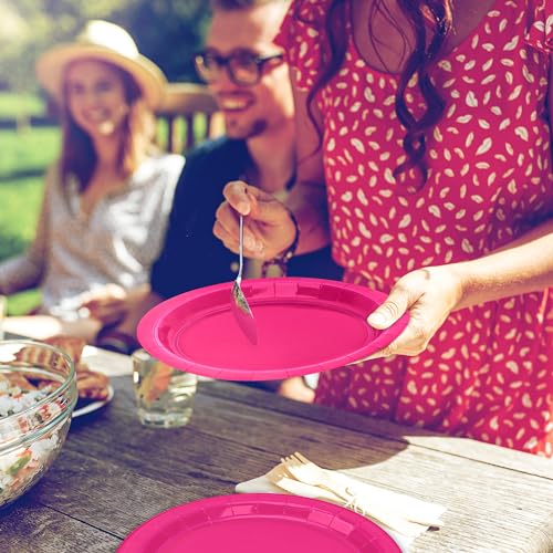 Pink Paper Plates 9 Inch - Fuchsia Disposable Tableware Set - Variation Cerise