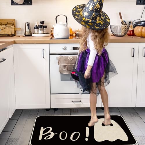 Halloween Ghost Kitchen Rugs Set of 2 Non-Slip Floor Mats - Spooky Black Boo Decor