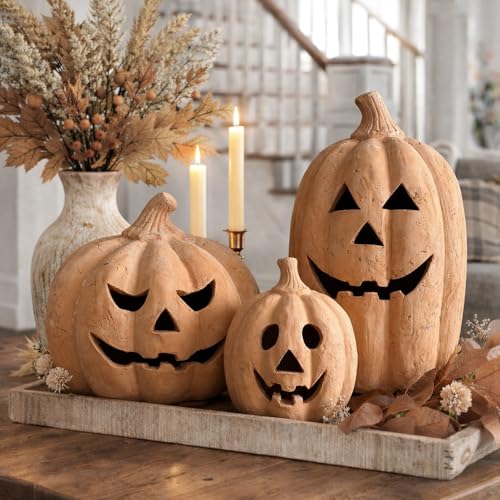 Medium Handmade Terracotta Jack-O'-Lantern Pumpkin Halloween Decor - 11"
