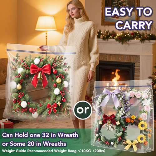 Extra Large Clear Wreath Storage Bag 34x34x8.5 Inches with Handle - Dustproof & Foldable
