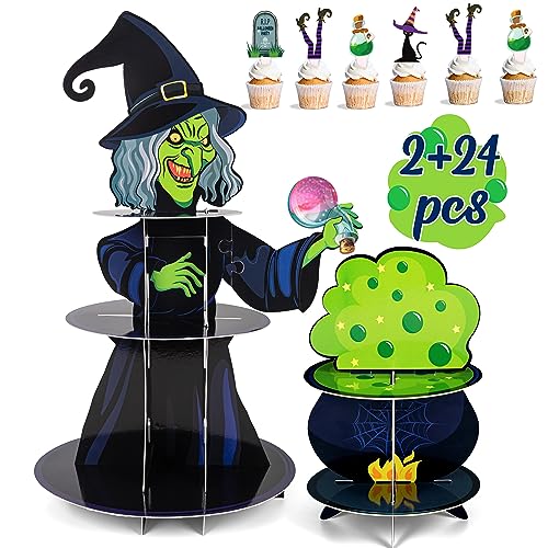 Halloween Cupcake Stand Set with 24 Toppers - 3-Tier Cauldron & Witch Designs