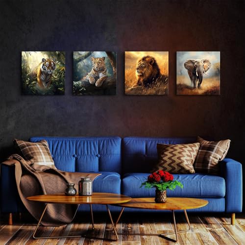 Wildlife Animals Canvas Wall Art Set - 16x16 Inch Safari Animal Decor for Living Room & Nursery - 4 Pieces - Elephant Lion Tiger Leopard - Jungle Wildlife Art
