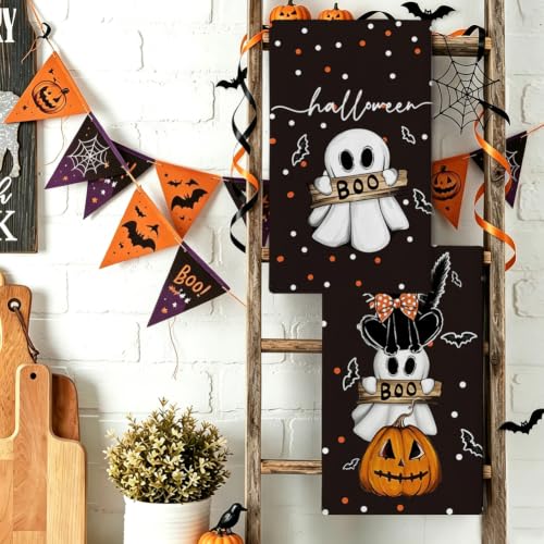 Halloween Kitchen Towels Black Cat Pumpkin Ghost Dish Towels 18x26