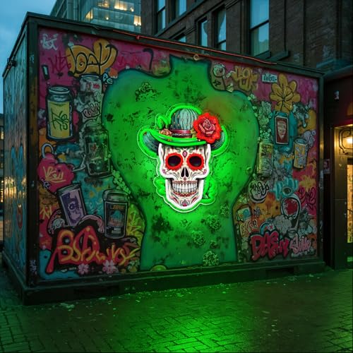 Green Dia De Los Muertos Sugar Skull Neon Sign - Vibrant Day of the Dead Decor