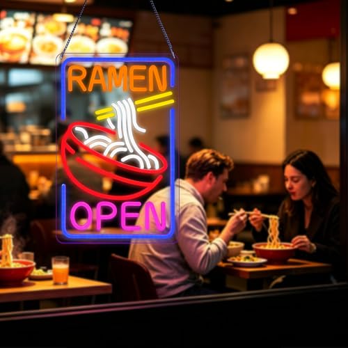 Ramen Open Neon Sign - Dimmable Japanese Noodle LED Light for Restaurant & Bar - Variation: Ramen