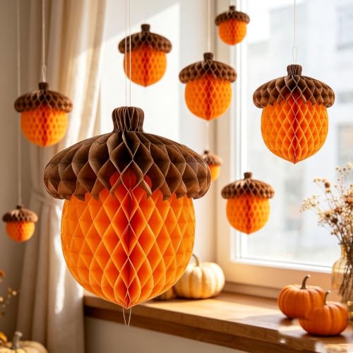 Fall Acorn Honeycomb Ball Decorations Set - Autumn Thanksgiving Halloween Party Ornaments