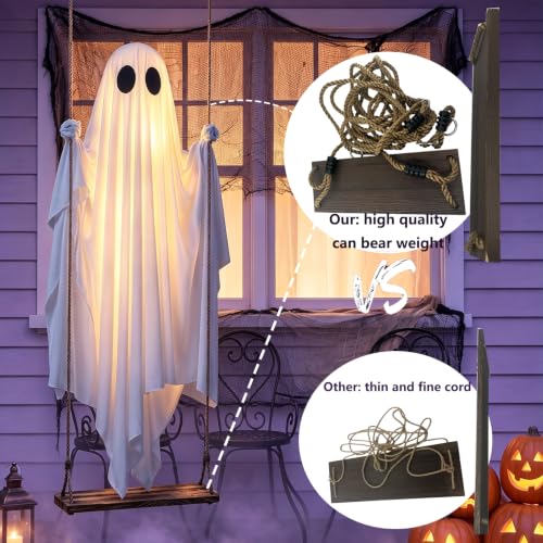 Large 5FT Hanging Ghost Swing Halloween Decor with 13FT Adjustable Length and Lights - Outdoor Yard Decoration