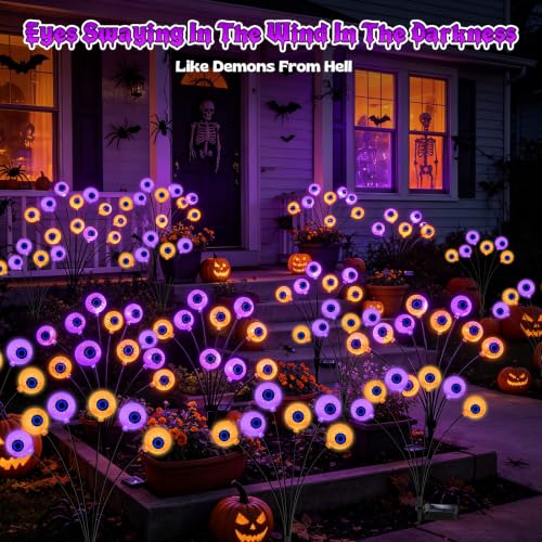 Yulloyello 4 Pack Solar Eyeball Lights - Purple & Orange Outdoor Halloween Decorations