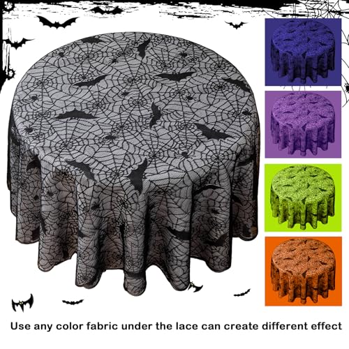 Halloween Spiderweb Tablecloth 70 Inch Round Black Bats Lace Cover for Parties