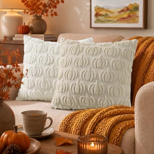 Cream White Pumpkin Throw Pillow Covers 20x20 Set of 2 - Fall Decor