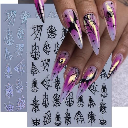 Halloween Nail Stickers 8 Sheets Spider Web Decals 3D Gothic Black Silver Gold Variation of M-Spider Web Stickers