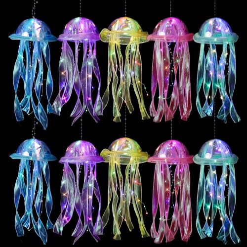 10 Pcs Hanging Jellyfish Lanterns for Undersea Party Decorations - LED Mermaid Theme