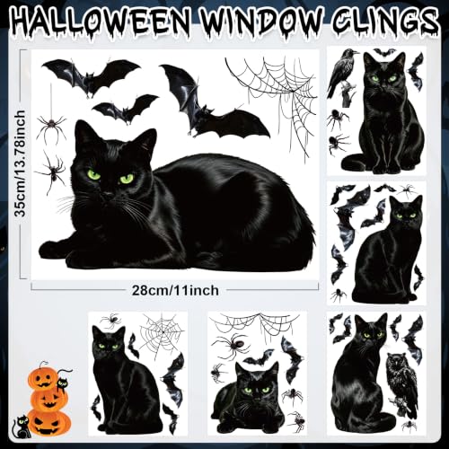 Halloween Window Clings Set - Black Cat Bat Owl Decorations for Glass Windows - Black Cat Variation