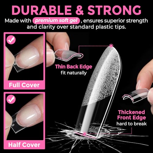 UNA GELLA Short Sharp Square Nail Tips 216pcs - Pre-Etched, Flexi Gel, 12 Sizes