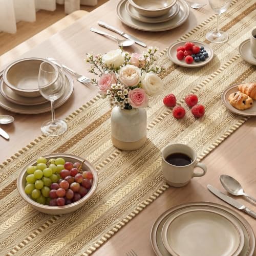 Artoid Mode Coffee Farmhouse Stripe Braided Table Runner 12x72 Inch - Light Coffee