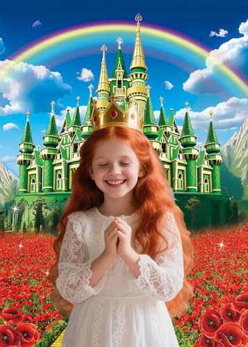 8x10FT Rainbow Floral Castle Backdrop - Green Castle Yellow Brick Road Photography Background for Party and Events