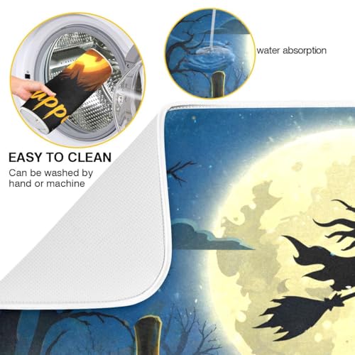 Halloween Witch Bat Dish Drying Mat - Extra Large 16 x 18 inches - Absorbent Kitchen Mat - Fall Decor