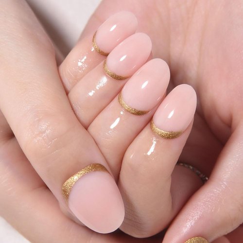 Evpct Nude Pink French Press-On Nails - Short Oval Design with Gold Foil Accents | Reusable Soft Gel Kit