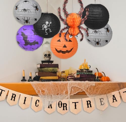 Halloween Paper Lanterns Set - Spider Bat Skeleton Pumpkin Decorations, 15 Pieces, 12 Inches, Colors