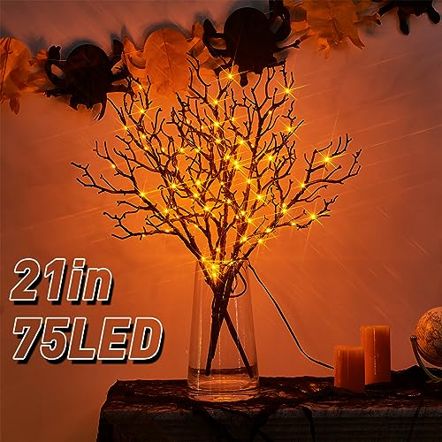 Black & Orange Lighted Halloween Branches with Timer - Indoor Outdoor Fairy Lights 21in 75L
