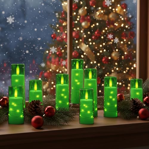 5pcs Green Flameless Battery Operated Candles with Remote Timer & Fairy Lights