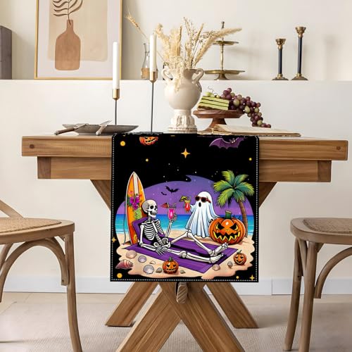 Summerween Halloween Table Runner Tropical Ghost Beach Party Decor 13x72in