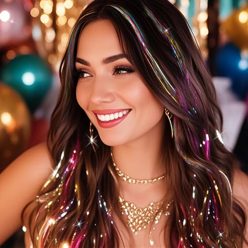 Rainbow Hair Tinsel Extensions Kit for Women & Kids - Glitter Sparkly Strands with Tools & Beads