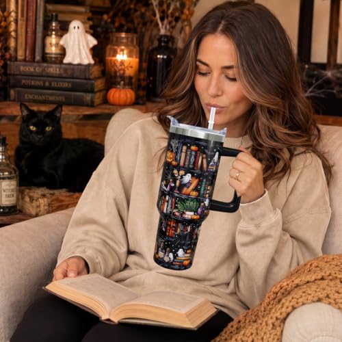 Halloween Bookshelf 40 oz Tumbler with Handle & Straw - Spooky Book Lover Gift