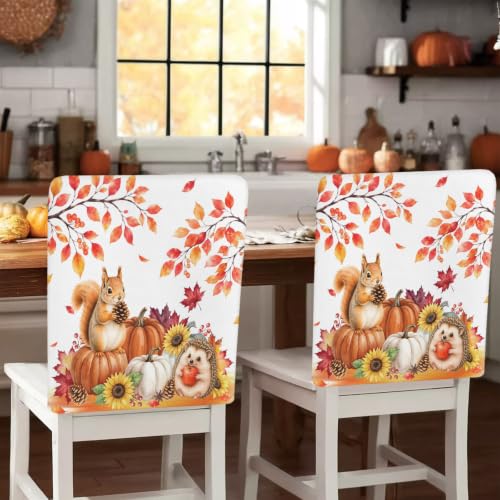 Fall Chair Back Covers Set - 4pcs Autumn Thanksgiving Slipcovers in White & Orange