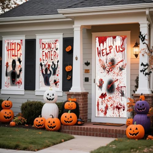 Halloween Decorations Stickers Set with Door Cover and Window Decals - Bloody Horror Theme