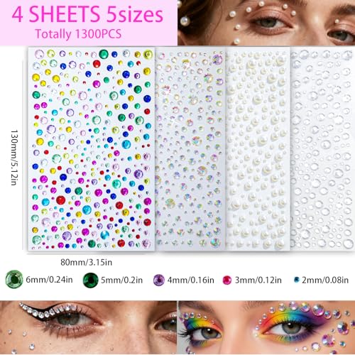 Self-Adhesive Face Gems Set - 4 Sheets for Makeup, Face & Body - Variation 4