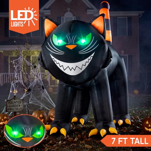 7 ft Halloween Inflatable Black Cat with Moving Head & Green LED Eyes for Outdoor Yard Decor