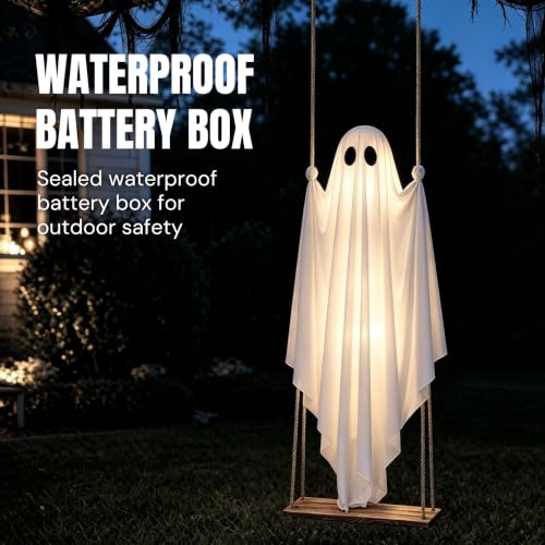Large Outdoor Hanging Ghost Decoration with Lights - 5FT Spooky Halloween Yard Decor