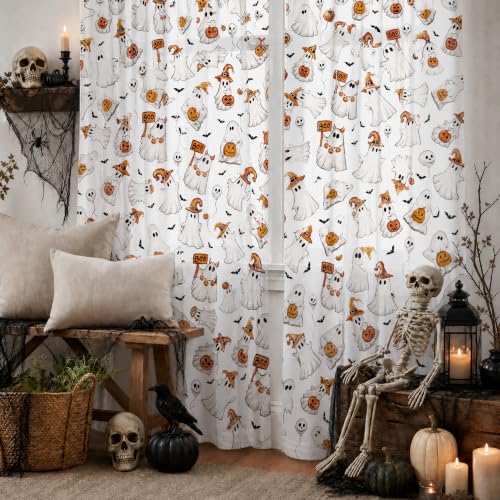 2Pcs White Sheer Curtains for Window 52x96 Inch - Bat Ghost Pumpkin Halloween Decor