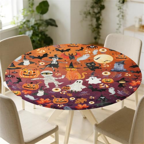 Hallowmas Round Waterproof Tablecloth with Elastic Edge - 52 Inch Fits 36-60 Inch Tables