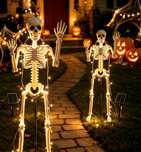 2-Pack 36 Inch Solar Halloween Skeleton Decorations with Metal Stakes & Warm Lights - Variation of 2P-36"