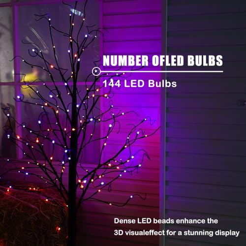 6FT Halloween Black Birch Tree with 288 Purple & Orange LED Lights, Waterproof Indoor Outdoor Decor